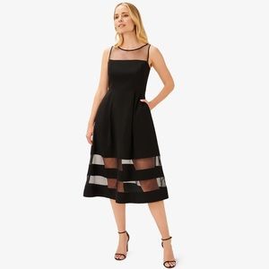 ADRIANNA PAPELL CREPE AND MESH ILLUSION MIDI FIT-FLARE COCKTAIL DRESS IN BLACK